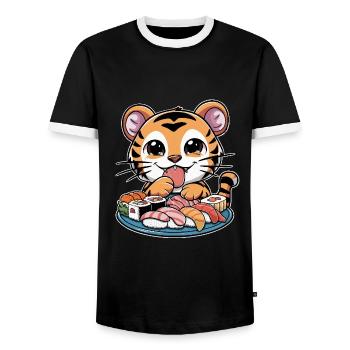 Tigre Kawaii avec Grande Assiette à Sushi - T-shirt contrasté Homme - noir/blanc - Devant - AI Model Female 172 light (172cm) & AI Model Male 178 light (178cm)