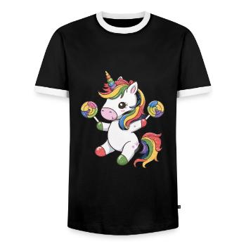 Kawaii Einhorn mit Süßigkeiten - Männer Kontrast-T-Shirt - Schwarz/Weiß - Vorne - AI Model Female 172 light (172cm) & AI Model Male 178 light (178cm)