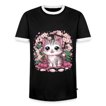 Chat kawaii avec fleurs de cerisier et cerises - T-shirt contrasté Homme - noir/blanc - Devant - AI Model Female 172 light (172cm) & AI Model Male 178 light (178cm)