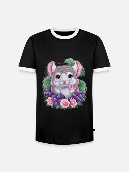 Kawaii chinchilla med røde druer og roser - Herre kontrast-T-shirt - sort/hvid