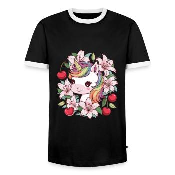 Dessin animé Licorne Kawaii avec des cerises et des lys - T-shirt contrasté Homme - noir/blanc - Devant - AI Model Female 172 light (172cm) & AI Model Male 178 light (178cm)