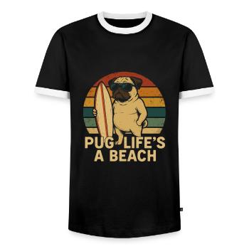 Pug Life’s a Beach – Mops mit Surfbrett - Männer Kontrast-T-Shirt - Schwarz/Weiß - Vorne - AI Model Female 172 light (172cm) & AI Model Male 178 light (178cm)
