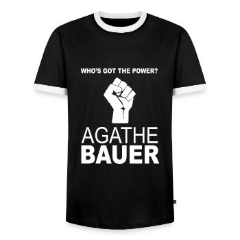 Agathe Bauer Power Wer hat die Macht des Ohrwurms - Männer Kontrast-T-Shirt - Schwarz/Weiß - Vorne - AI Model Female 172 light (172cm) & AI Model Male 178 light (178cm)