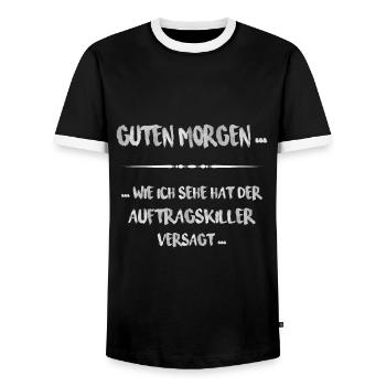 Schwarzer Humor am Morgen – Auftragskiller Fail - Männer Kontrast-T-Shirt - Schwarz/Weiß - Vorne - AI Model Female 172 light (172cm) & AI Model Male 178 light (178cm)
