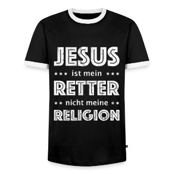 Jesus ist mein Retter nicht meine Religion - Männer Kontrast-T-Shirt - Schwarz/Weiß - Vorne - AI Model Female 172 light (172cm) & AI Model Male 178 light (178cm)