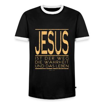 Jesus ist der Weg die Wahrheit und das Leben - Männer Kontrast-T-Shirt - Schwarz/Weiß - Vorne - AI Model Female 172 light (172cm) & AI Model Male 178 light (178cm)