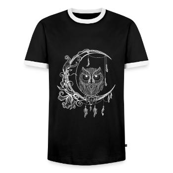 Crescent owl drawing with feathers and flowers - Men's Ringer Shirt - black/white - Front - AI Model Female 172 light (172cm) & AI Model Male 178 light (178cm)