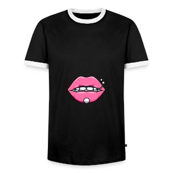Maske mit Lippen und Piercings Gesichtsmaske - Männer Kontrast-T-Shirt - Schwarz/Weiß - Vorne - AI Model Female 172 light (172cm) & AI Model Male 178 light (178cm)