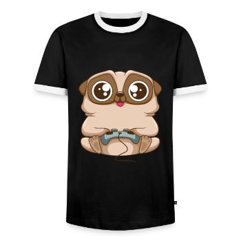 Süßer Gaming Mops Hund mit Gaming Controller - Männer Kontrast-T-Shirt - Schwarz/Weiß - Vorne - AI Model Female 172 light (172cm) & AI Model Male 178 light (178cm)