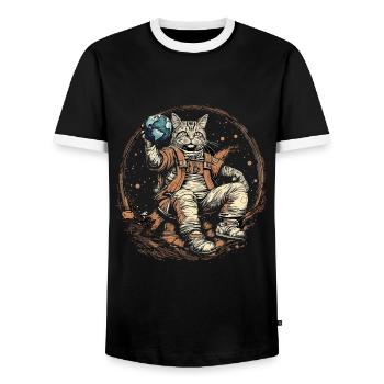 Katze im All, Erde, Mond, Weltall - Männer Kontrast-T-Shirt - Schwarz/Weiß - Vorne - AI Model Female 172 light (172cm) & AI Model Male 178 light (178cm)
