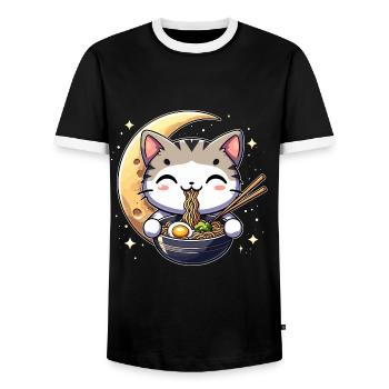 Anime Cat Ramen - Men's Ringer Shirt - black/white - Front - AI Model Female 172 light (172cm) & AI Model Male 178 light (178cm)