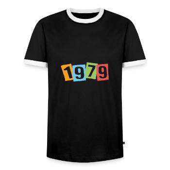 Born in 1979 – Birthday with big colorful numbers - Men's Ringer Shirt - black/white - Front - AI Model Female 172 light (172cm) & AI Model Male 178 light (178cm)