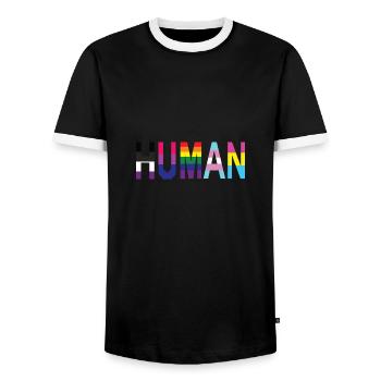 L’homme est humain Queer Gay Pride Mois LGBT - T-shirt contrasté Homme - noir/blanc - Devant - AI Model Female 172 light (172cm) & AI Model Male 178 light (178cm)