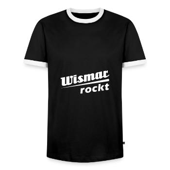 Wismar rockt - Textdesign mit Stadtnamen - Männer Kontrast-T-Shirt - Schwarz/Weiß - Vorne - AI Model Female 172 light (172cm) & AI Model Male 178 light (178cm)