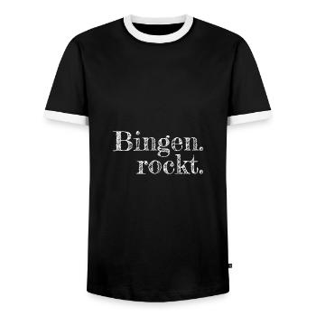 Bingen rockt - Textdesign mit Stadtnamen - Männer Kontrast-T-Shirt - Schwarz/Weiß - Vorne - AI Model Female 172 light (172cm) & AI Model Male 178 light (178cm)