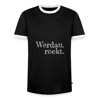 Werdau rockt - Textdesign mit Stadtnamen - Männer Kontrast-T-Shirt - Schwarz/Weiß - Vorne - AI Model Female 172 light (172cm) & AI Model Male 178 light (178cm)