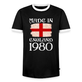 Made in England 1980 - St George's Day - English - Men's Ringer Shirt - black/white - Front - AI Model Female 172 light (172cm) & AI Model Male 178 light (178cm)