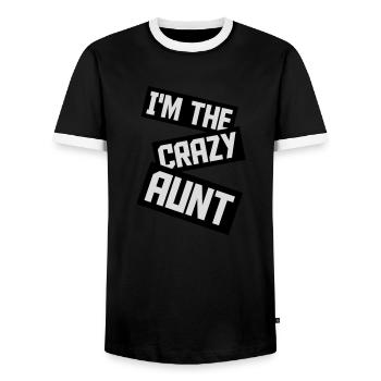 at The Crazy Aunt - Men's Ringer Shirt - black/white - Front - AI Model Female 172 light (172cm) & AI Model Male 178 light (178cm)