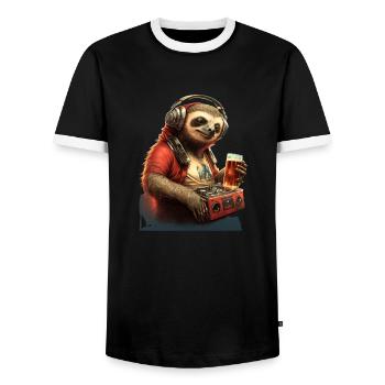Cool Sloth DJ with beer - Men's Ringer Shirt - black/white - Front - AI Model Female 172 light (172cm) & AI Model Male 178 light (178cm)