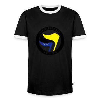Neoliberale Aktion - Männer Kontrast-T-Shirt - Schwarz/Weiß - Vorne - AI Model Female 172 light (172cm) & AI Model Male 178 light (178cm)