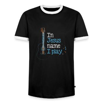 In Jesus name I play guitar - Men's Ringer Shirt - black/white - Front - AI Model Female 172 light (172cm) & AI Model Male 178 light (178cm)