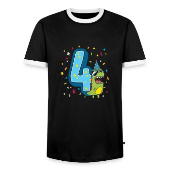 Vierter Geburtstag 4. Feier Dino T-Rex Vier Jahre - Männer Kontrast-T-Shirt - Schwarz/Weiß - Vorne - AI Model Female 172 light (172cm) & AI Model Male 178 light (178cm)