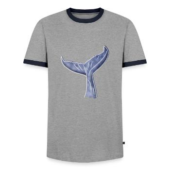 "Whale Fin", Boho Line Art Design, Series "Ocean" - Men's Ringer Shirt - grey/navy  - Front - AI Model Female 172 light (172cm) & AI Model Male 178 light (178cm)