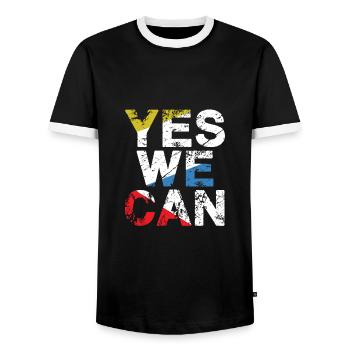 Yes we can - Men's Ringer Shirt - black/white - Front - AI Model Female 172 light (172cm) & AI Model Male 178 light (178cm)