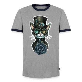 Steampunk Katze schwarze Rose Gothic - Männer Kontrast-T-Shirt - Grau/Navy  - Vorne - AI Model Female 172 light (172cm) & AI Model Male 178 light (178cm)