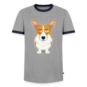Welsh Corgi I Spain Sunglasses I Spanish Flag - Männer Kontrast-T-Shirt - Grau/Navy  - Vorne - AI Model Female 172 light (172cm) & AI Model Male 178 light (178cm)