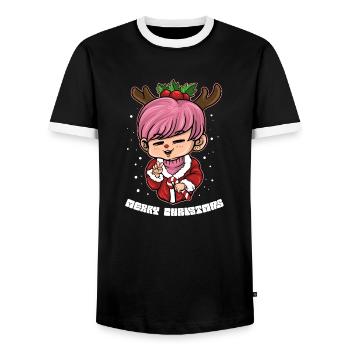 "Xmas Kpop", "Xmas Gin" or "Xmas Beer", "Axolotl C - Men's Ringer Shirt - black/white - Front - AI Model Female 172 light (172cm) & AI Model Male 178 light (178cm)