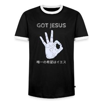 Got Jesus - Men's Ringer Shirt - black/white - Front - AI Model Female 172 light (172cm) & AI Model Male 178 light (178cm)