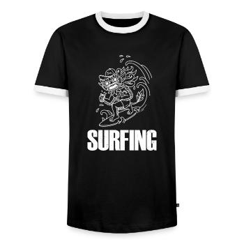 Barong Surfboard Summer Wave Bali Indonesia - Men's Ringer Shirt - black/white - Front - AI Model Female 172 light (172cm) & AI Model Male 178 light (178cm)