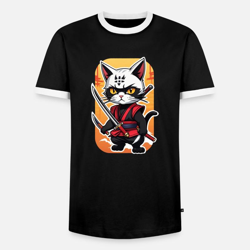 Ninja Katze - Samurai Kätzchen - Männer Kontrast-T-Shirt - Schwarz/Weiß