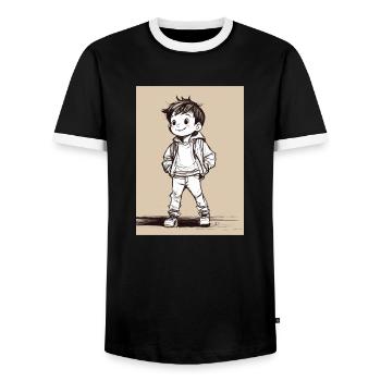 A young boy wearing pants and a jacket. - T-shirt contrasté Homme - noir/blanc - Devant - AI Model Female 172 light (172cm) & AI Model Male 178 light (178cm)