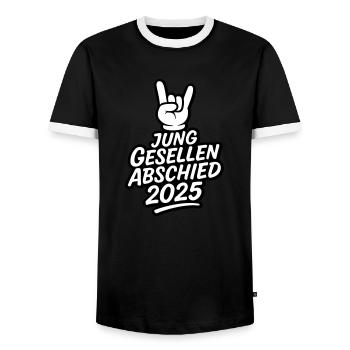 Bachelor Party 2025 Bachelor Party - Men's Ringer Shirt - black/white - Front - AI Model Female 172 light (172cm) & AI Model Male 178 light (178cm)