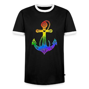 Rainbow Anchor Gay Pride, LGBT, LGBTQ, Rave, CSD - Men's Ringer Shirt - black/white - Front - AI Model Female 172 light (172cm) & AI Model Male 178 light (178cm)