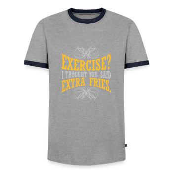 Exercise Extra Fries Quote - Men's Ringer Shirt - grey/navy  - Front - AI Model Female 172 light (172cm) & AI Model Male 178 light (178cm)