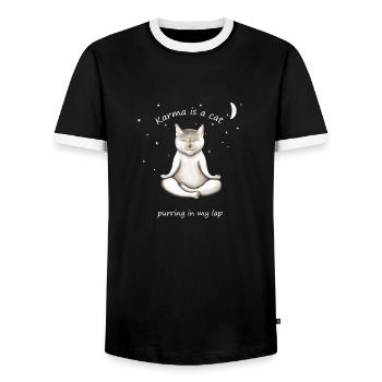 KARMA IS A CAT PURRING IN MY LAP - Men's Ringer Shirt - black/white - Front - AI Model Female 172 light (172cm) & AI Model Male 178 light (178cm)