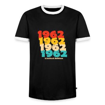 1962: Limited Edition - 62nd Anniversary - Men's Ringer Shirt - black/white - Front - AI Model Female 172 light (172cm) & AI Model Male 178 light (178cm)