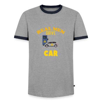 Echte Männer fahren ein Elektroauto - Männer Kontrast-T-Shirt - Grau/Navy  - Vorne - AI Model Female 172 light (172cm) & AI Model Male 178 light (178cm)