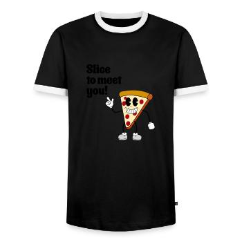 Slice to meet you! - Retro Pizza Cartoon - Männer Kontrast-T-Shirt - Schwarz/Weiß - Vorne - AI Model Female 172 light (172cm) & AI Model Male 178 light (178cm)