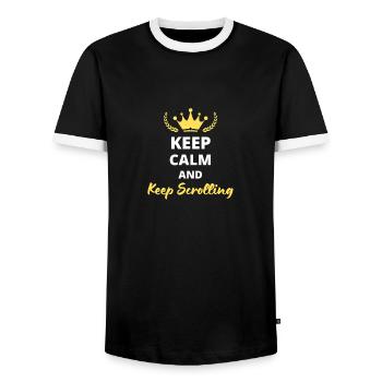 "Keep Calm and Keep Scrolling" - Screen Addict - Men's Ringer Shirt - black/white - Front - AI Model Female 172 light (172cm) & AI Model Male 178 light (178cm)
