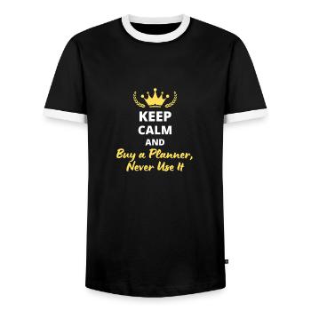 Bewahren Sie Ruhe und kaufen Sie einen Planer, verwenden Sie ihn niemals - Männer Kontrast-T-Shirt - Schwarz/Weiß - Vorne - AI Model Female 172 light (172cm) & AI Model Male 178 light (178cm)