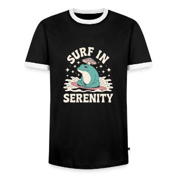 Surfen in Serenity - Süßer Frosch Aufkleber - Männer Kontrast-T-Shirt - Schwarz/Weiß - Vorne - AI Model Female 172 light (172cm) & AI Model Male 178 light (178cm)