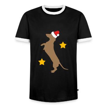 Joyeux Noël avec teckel avec bonnet de Père Noël - T-shirt contrasté Homme - noir/blanc - Devant - AI Model Female 172 light (172cm) & AI Model Male 178 light (178cm)