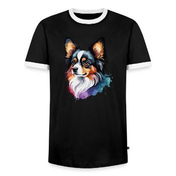 Papillon Dog Cute Cute Watercolor Colorful - Men's Ringer Shirt - black/white - Front - AI Model Female 172 light (172cm) & AI Model Male 178 light (178cm)