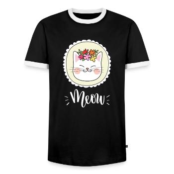 Niedliche Kawaii lustige Katze mit Blumen, die Miauen sagen - Männer Kontrast-T-Shirt - Schwarz/Weiß - Vorne - AI Model Female 172 light (172cm) & AI Model Male 178 light (178cm)