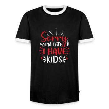 I Have Kids - Men's Ringer Shirt - black/white - Front - AI Model Female 172 light (172cm) & AI Model Male 178 light (178cm)