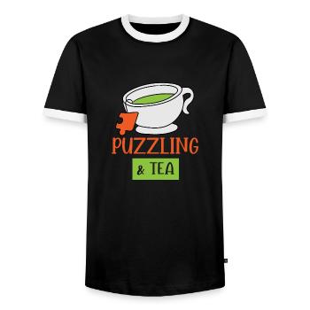 Puzzling and Tea Funny Hobby Jigsaw Puzzle - Men's Ringer Shirt - black/white - Front - AI Model Female 172 light (172cm) & AI Model Male 178 light (178cm)